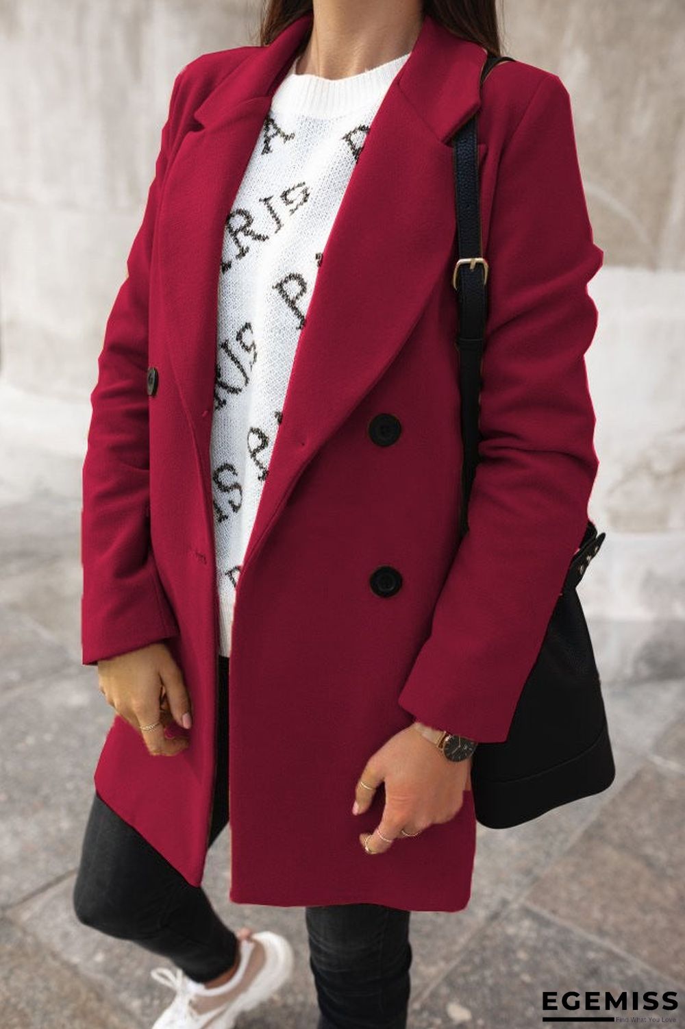 Autumn and Winter Solid Color Long Sleeve Double-row Button Suit Collar Woolen Coat Women | EGEMISS