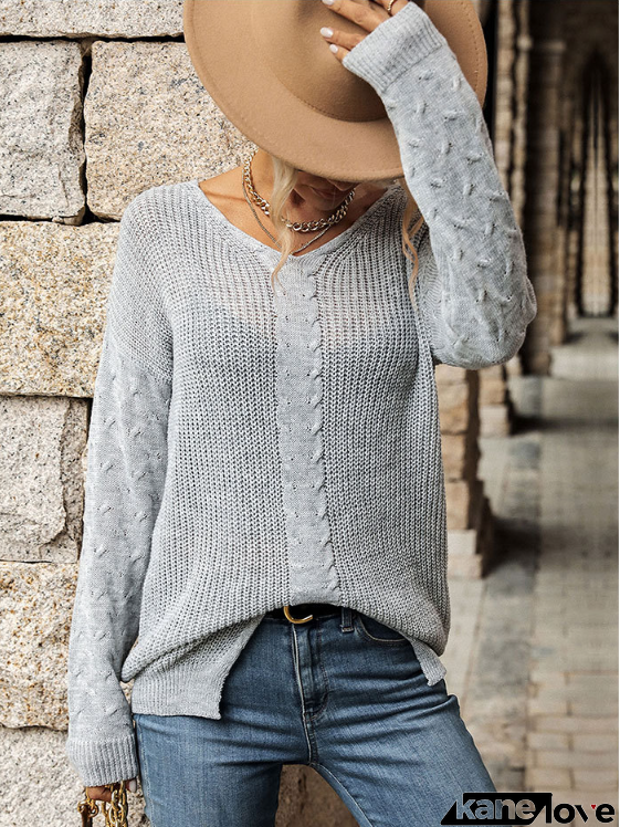 Autumn and winter new fashion women's V-neck twist long sleeve gray sweater