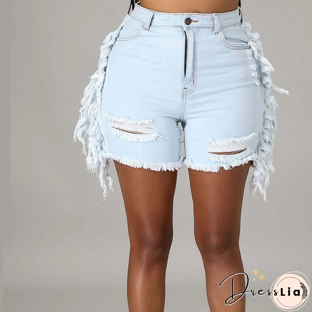 New Tassel Denim Short Women Street Fashion Stretch Ripped Denim Shorts