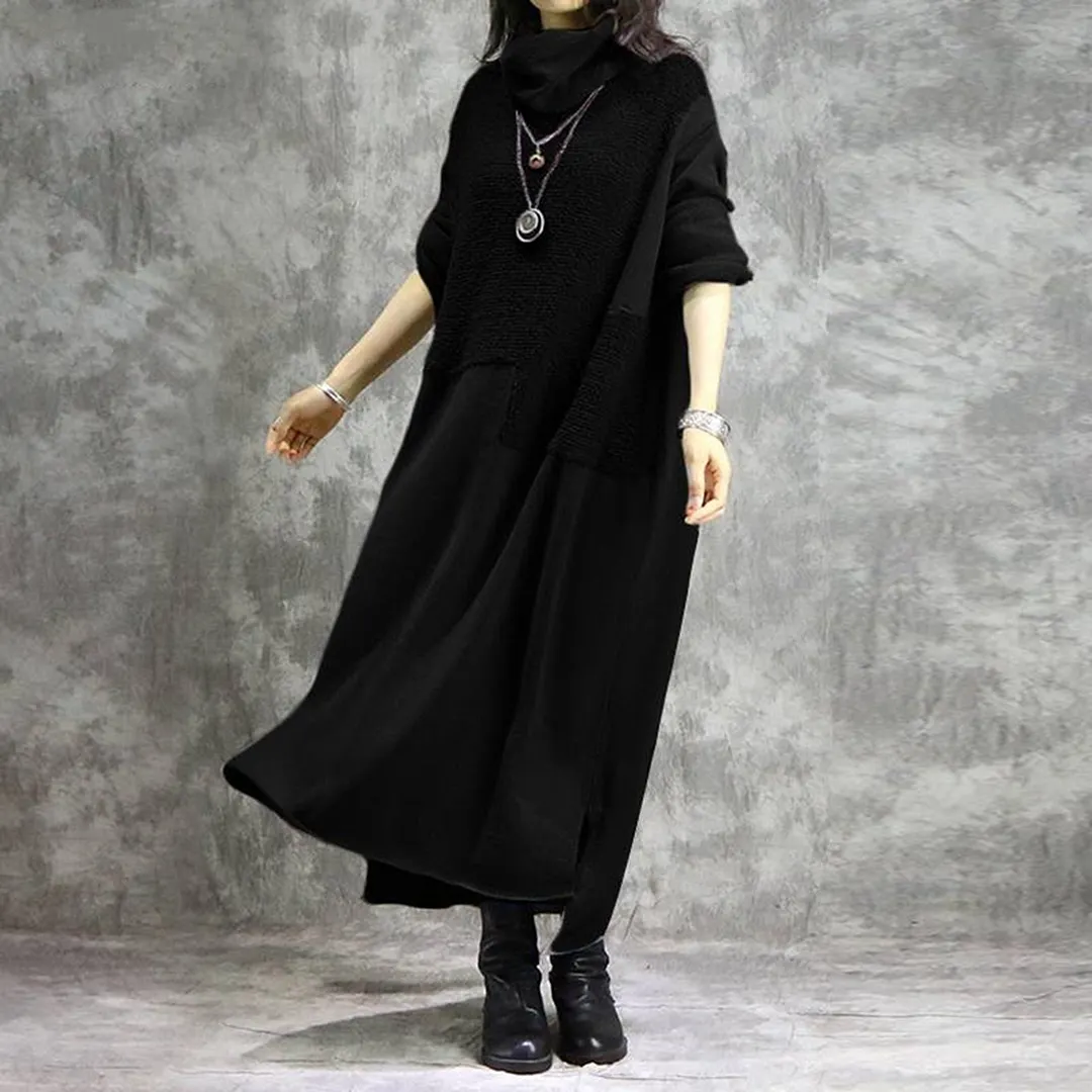 Women Autumn Turtleneck Long Sleeve Patchwork Plush Irregular Hem Maxi Dress Robe Female Plus Size Women Clothing Warm Clothes