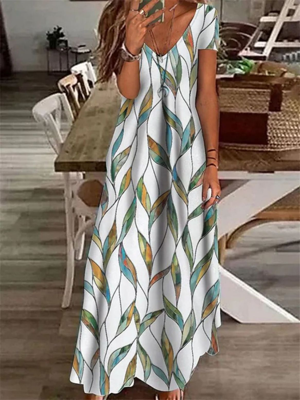 Fashion A-line Slim Print Low-cut V-Neck Sling Maxi Dress