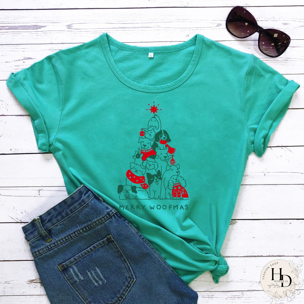 Merry Woofmas Colored Print T-shirt Kawaii Dog Lover Christmas Holiday Gift Tshirt Funny Women Graphic Tees Tops Drop Shipping
