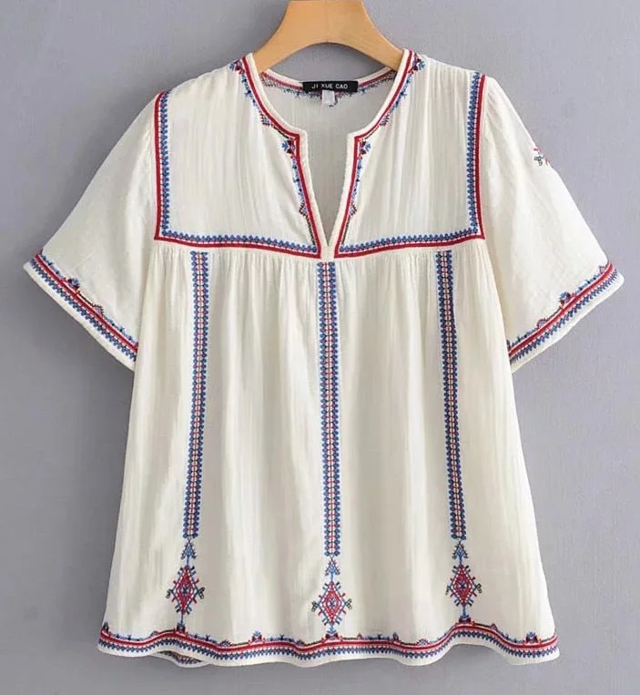 2019 Women Summer Striped Embroidery White Blouse Female Casual Cotton Linen Short Sleeve Shirts Tops blusas mujer de moda 2019