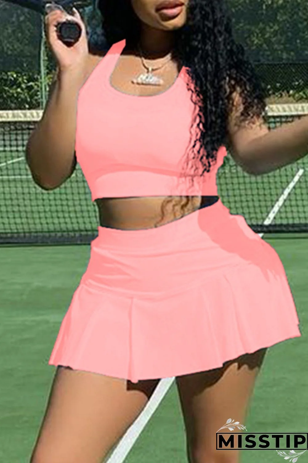 Pink Casual Sportswear Solid Basic U Neck Sleeveless Two Pieces