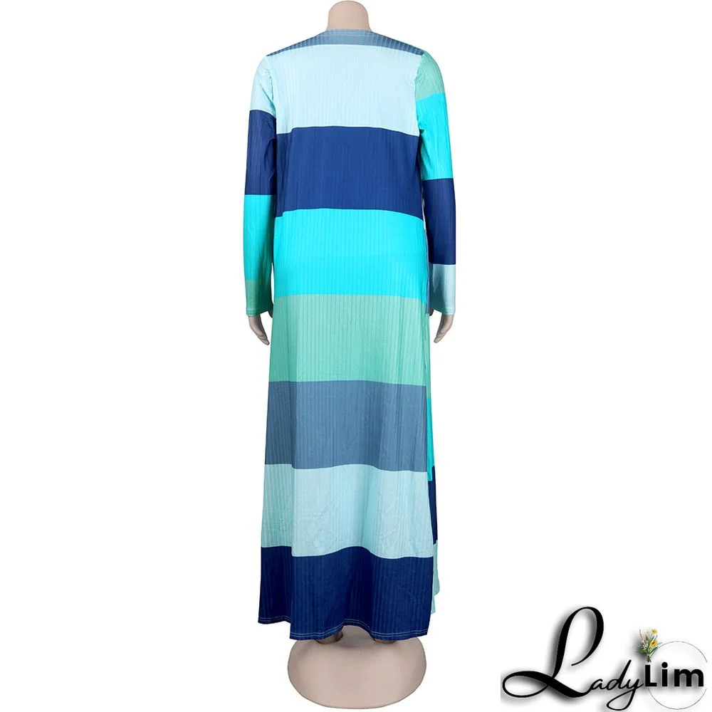 Plus Size Women Ribbed Print Colorblock Dress + Long Coat