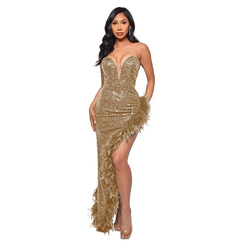 Neosepa-Backless Tube Top Sequin Feather Slit Party Dress
