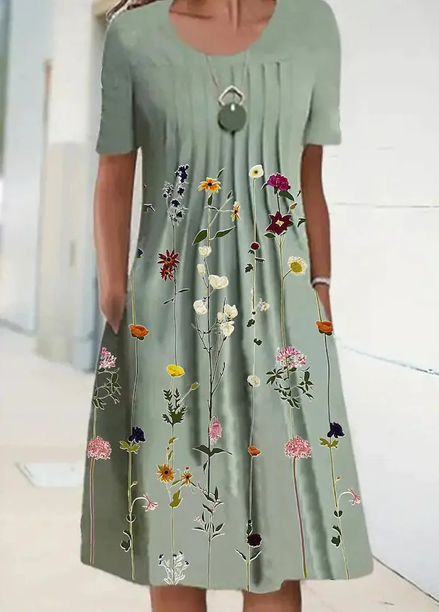 Print Round Neck Short Sleeve Dress