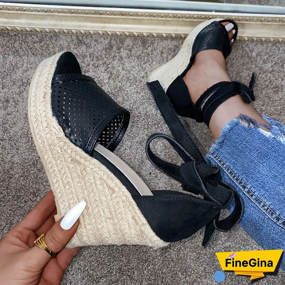 Women's Casual Hollow Breathable Hemp Rope Hemmed Wedge Sandals