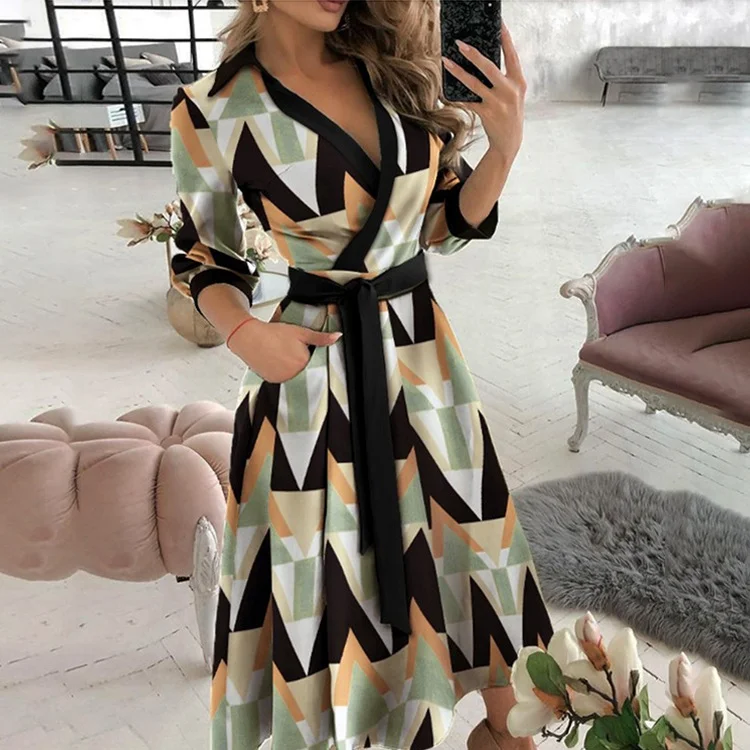 Uveng Uveng New Fall 2024 Fashion Print Long Sleeve V Neck / Hip Commuter Dress 661