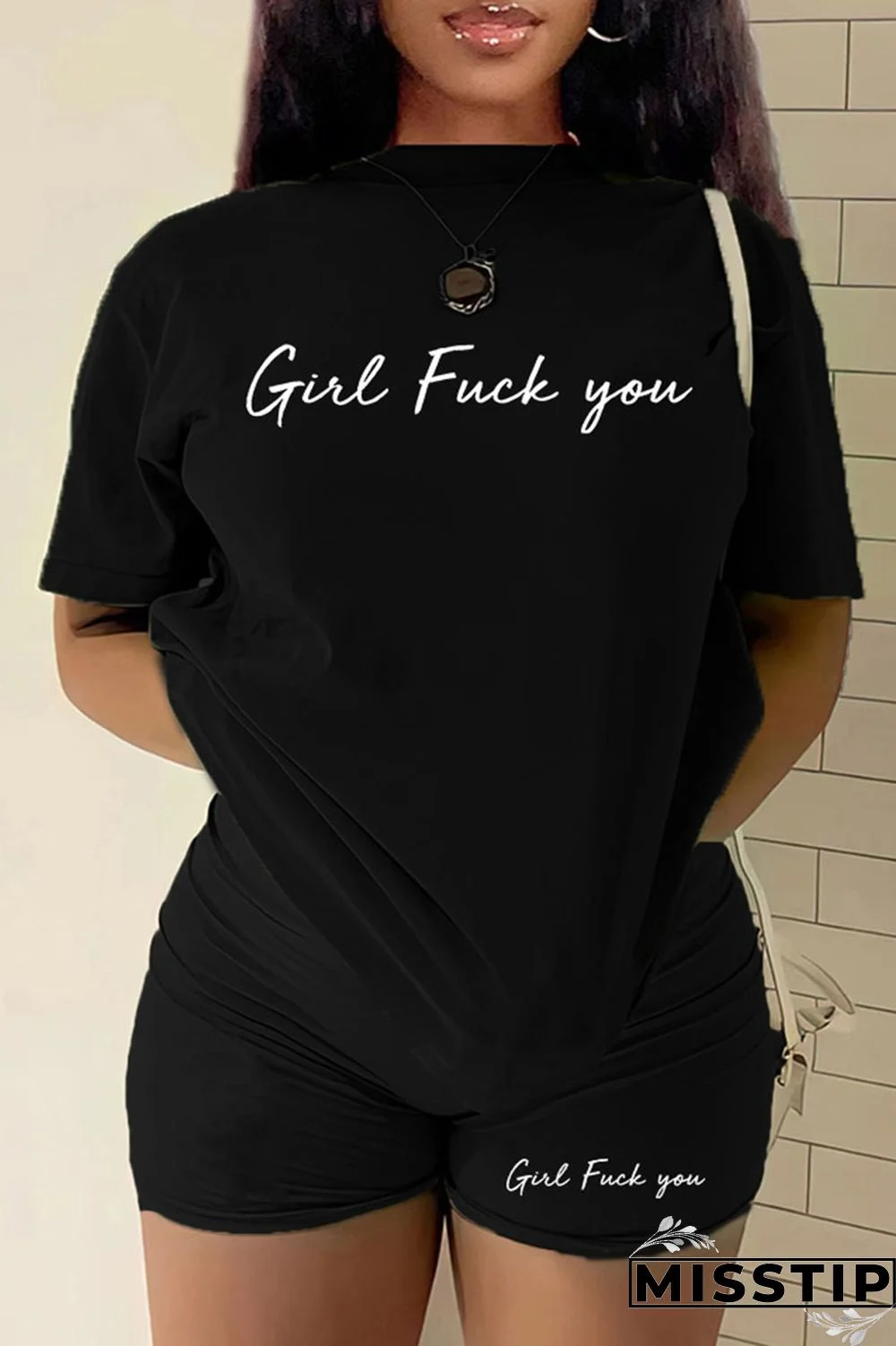 Black Casual Letter Print Patchwork O Neck Plus Size Two Pieces