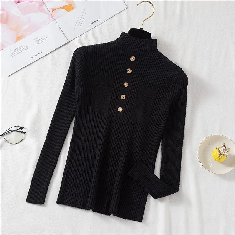 Zoki Pullover Women Sweater Autumn Knitted Button Long Sleeve Half Turtleneck Female Jumper Elastic Korean Fashion Blouse Top