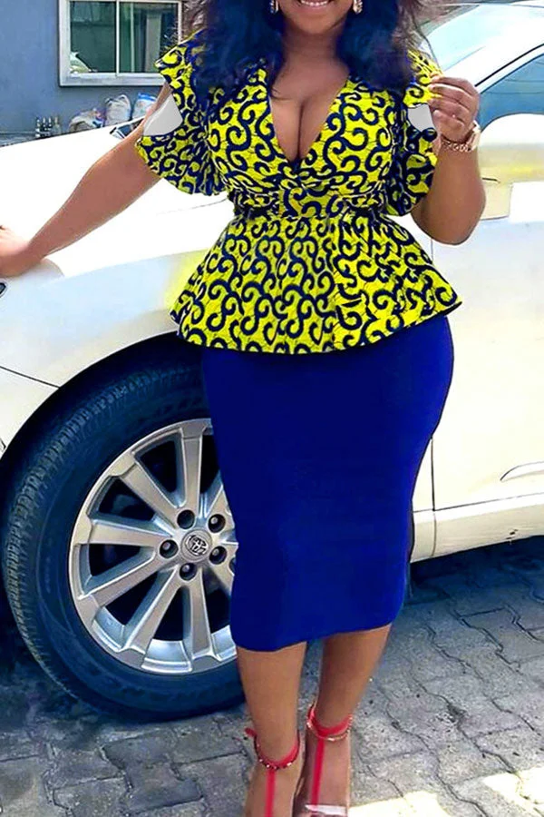 Graphic Print Retro Ruffle Midi Dress