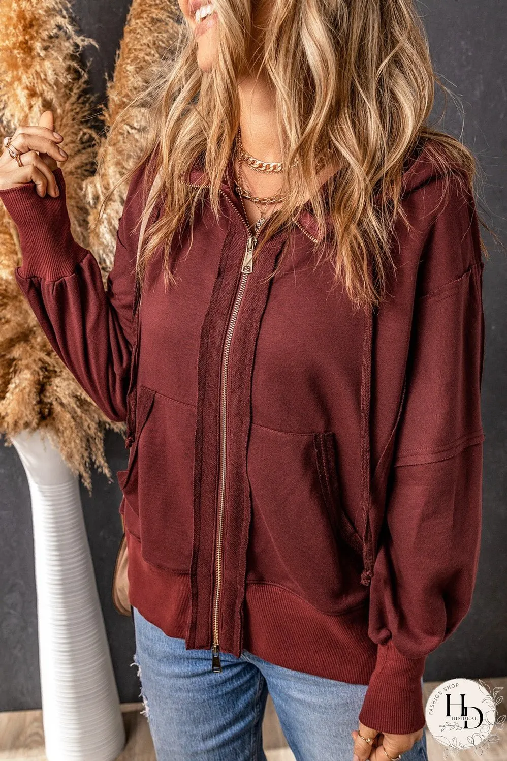 Brown Exposed Seam Zip-Up Hoodie with Raw Hem