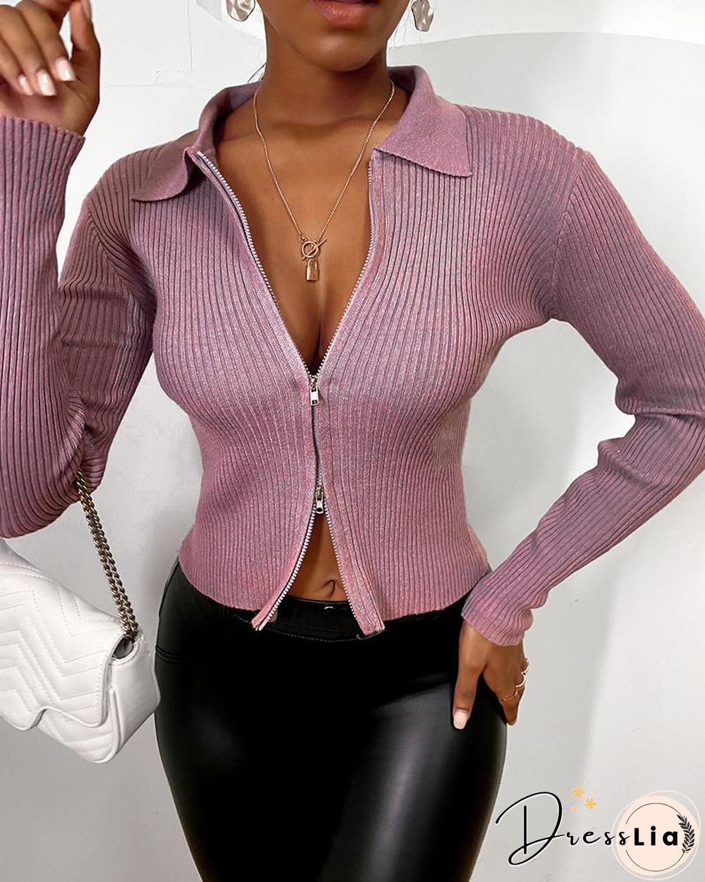 Zipper Design Long Sleeve Knit Sweater