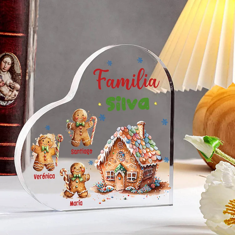 Navidad - Placa de acrílico en forma de corazón jengibres y su casa con 3 nombres y 1 texto personalizados
