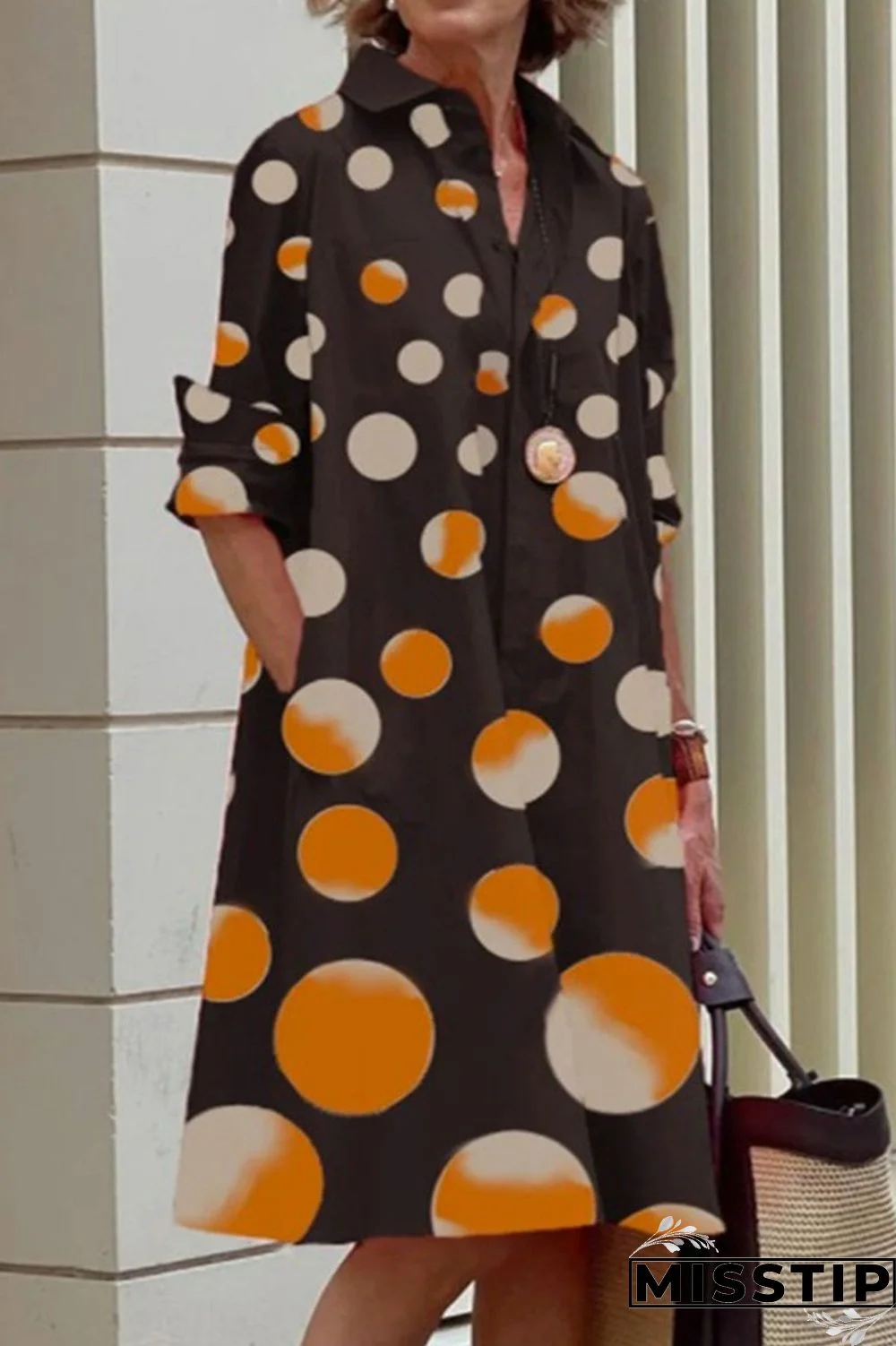 Black Casual Print Polka Dot Patchwork Buckle Turndown Collar Shirt Dress Dresses
