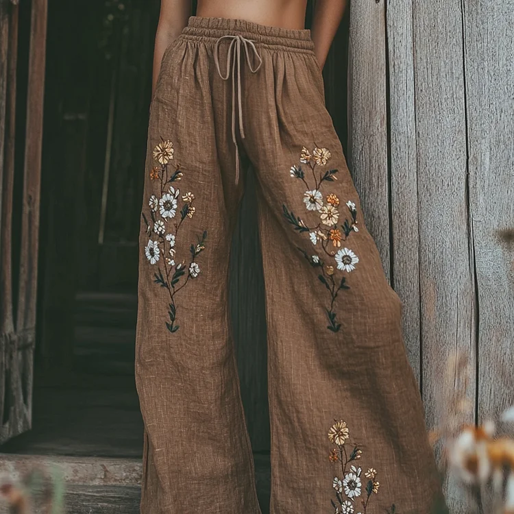 Women's Vintage Floral Embroidered Pattern Linen Blend Casual Pants
