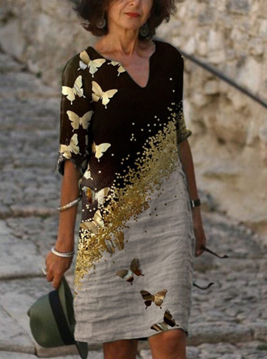 Fashion V-neck Short-sleeved Butterfly Print Dress | EGEMISS