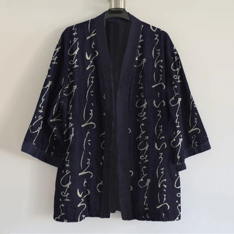 Japanese Traditional Sashiko Art Letter Print Linen Blend Kimono Cardigan