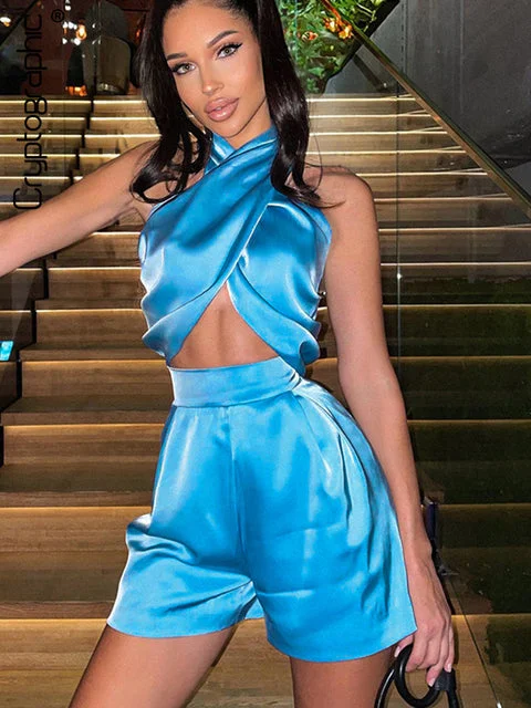 Summer Satin Sexy Halter Twist Crop Top and Skirt Fashion Outfits Co-ord Set Club Party Matching Sets 2 Piece Sets