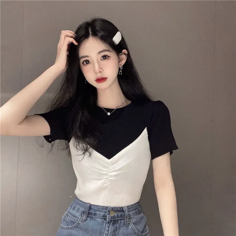 Uveng Uveng New Splicing Color Fake Two Short-Sleeved T-Shirt Women's Tide Net Red Repairing Short Half-Sleeved Top