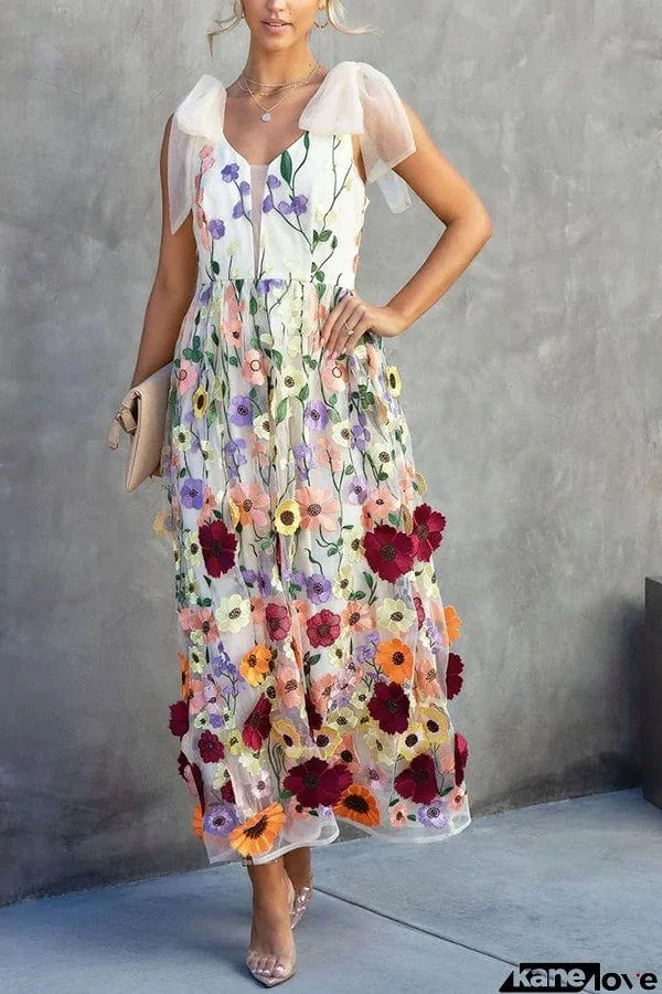 Summertime Blooms Floral Applique Adjustable Shoulder Tie Midi Dress