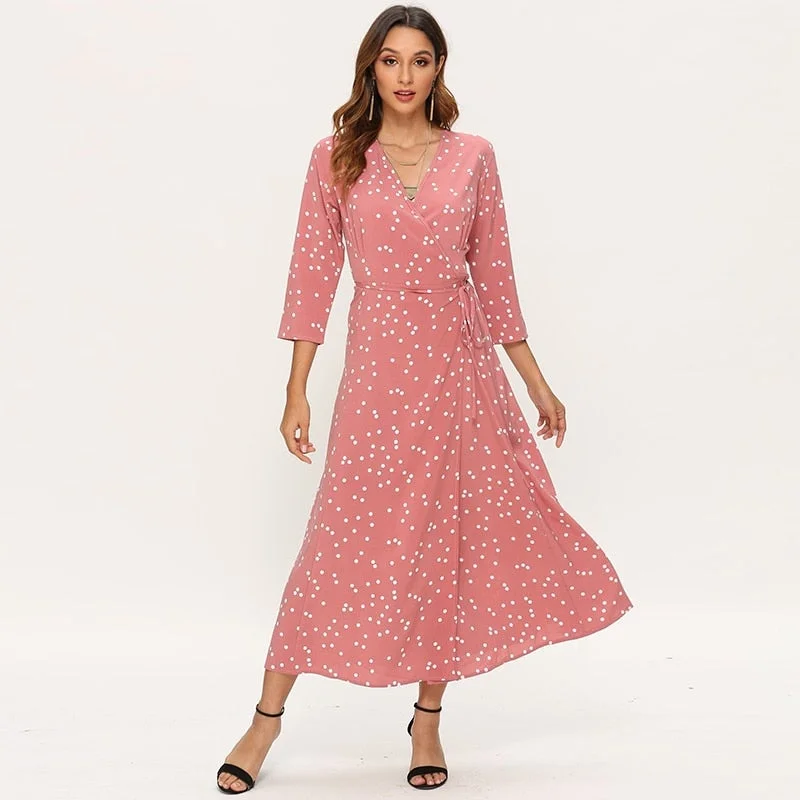 Casual Long Maxi Dress For Womens Boho Dot Print Wrap Dresses