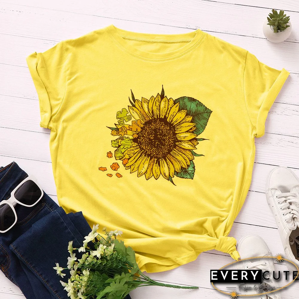 Yellow Sunflower Print Cotton Short Sleeve Tees