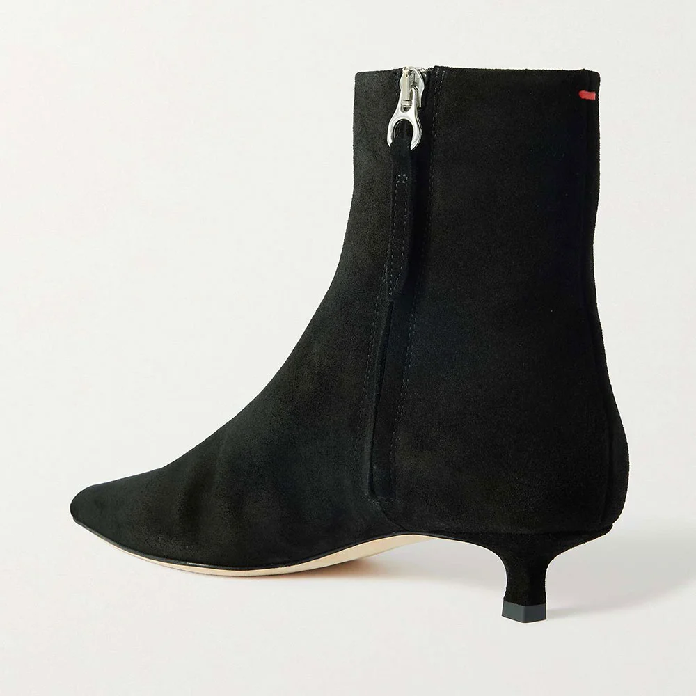 Black Vegan Suede Kitten Heel Zipper Pointed Toe Booties for Women