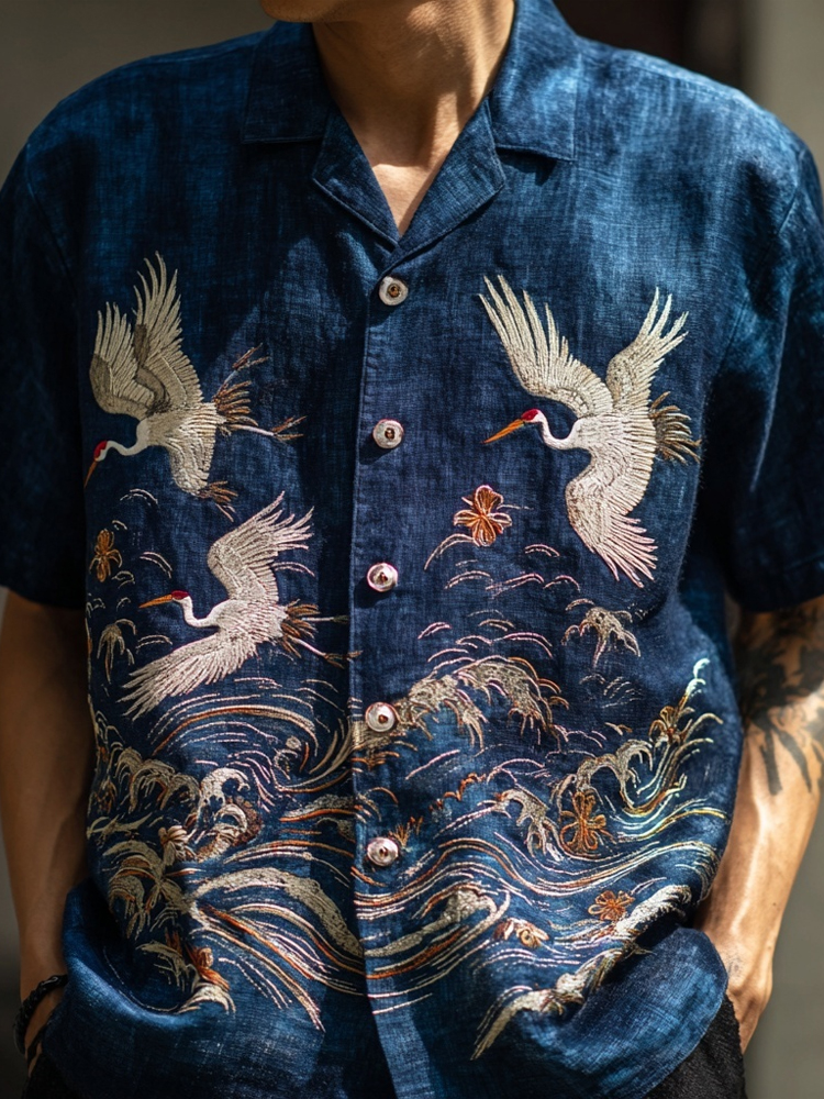 Men's Japanese Waves & Cranes Embroidered Cozy Linen Shirt  artssus