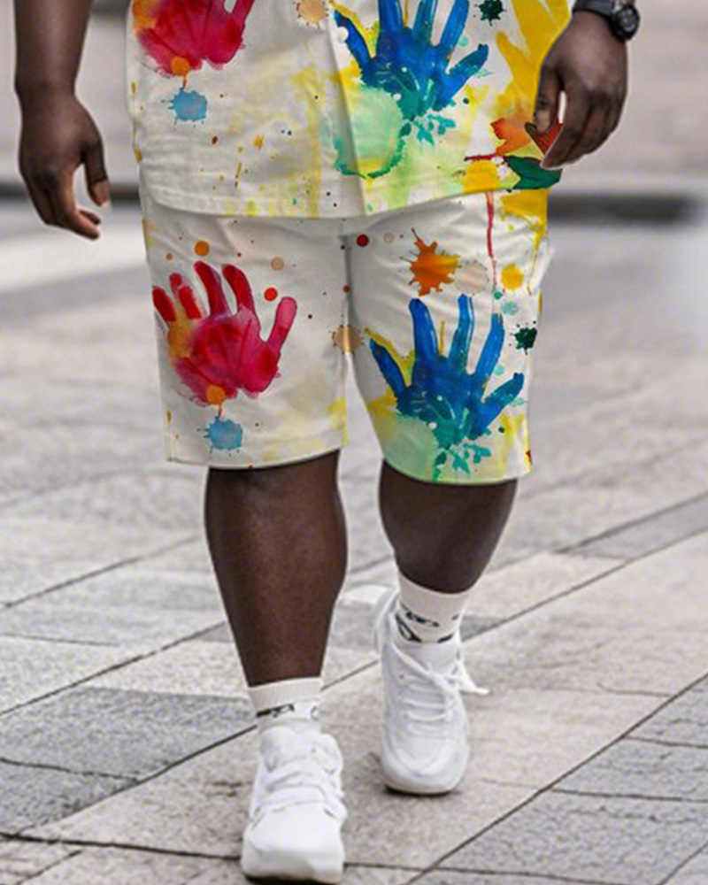 Men's Plus Size Street Fashion Colorful Graffiti Gesture Print Shirt Shorts Suit