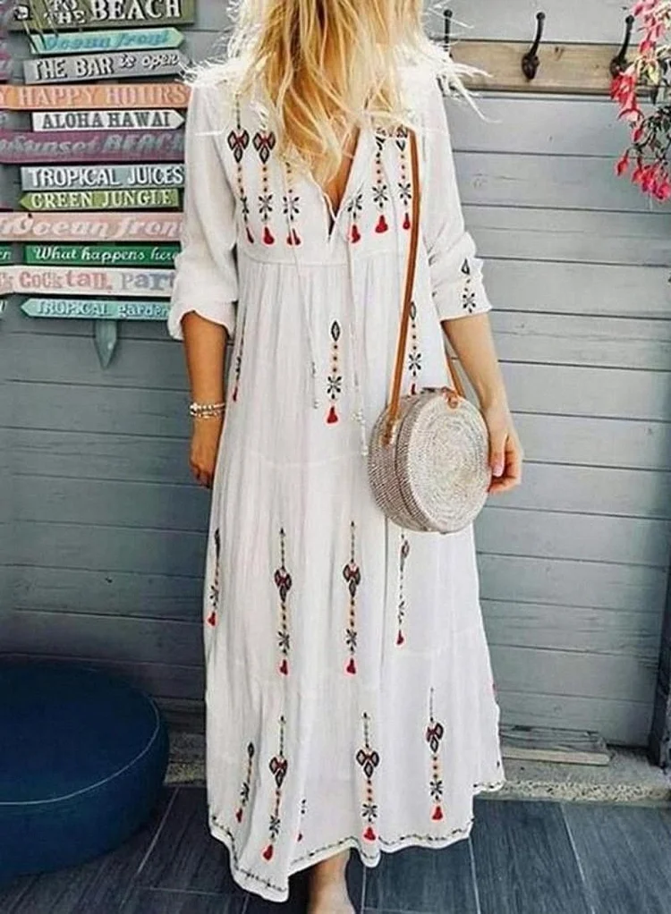 V Neck Women Floral Dresses Holiday Embroidered Floral Dresses