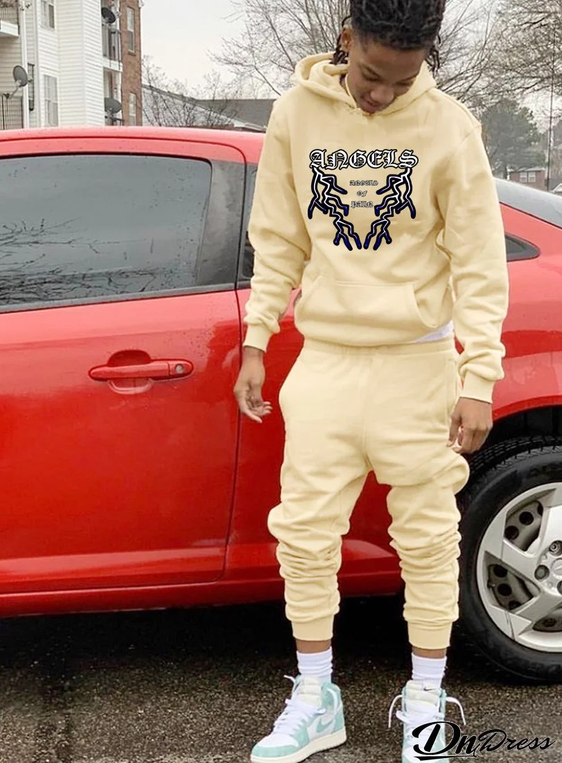 Men's Letter Printed Velvet Hoodies and Pant Sports Two-piece Set