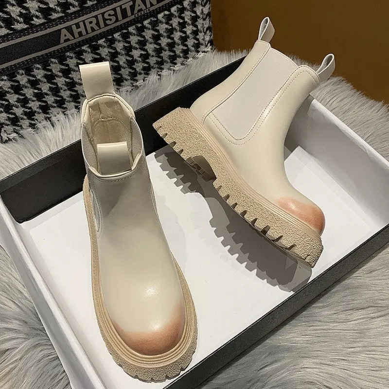 Women's Chunky Boots 2021 Chelsea Boots Ankle Female Shoes Winter Spring Mid Footwear Round Toe Leather Woman Platform Boot