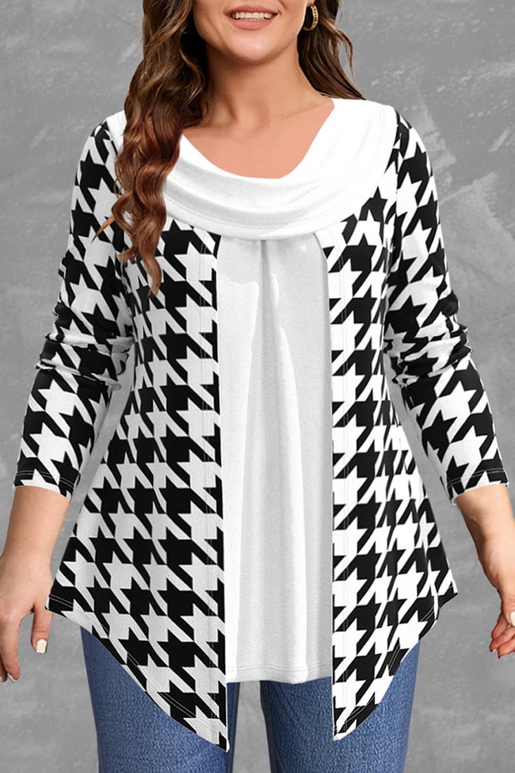 Flycurvy Plus Size Casual Black Houndstooth Cowl Neck 3/4 Sleeve Fake Two Piece Blouse  Flycurvy [product_label]