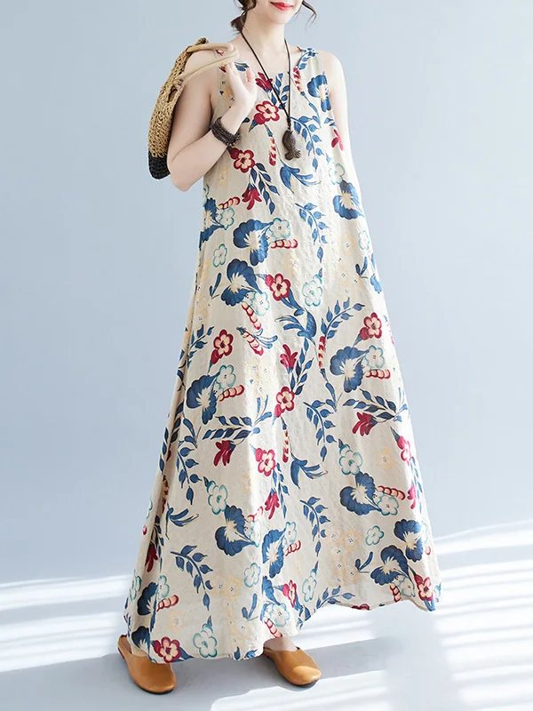 Printed Round Neck Long Sleeve Maxi Dress with Pockets main image 0