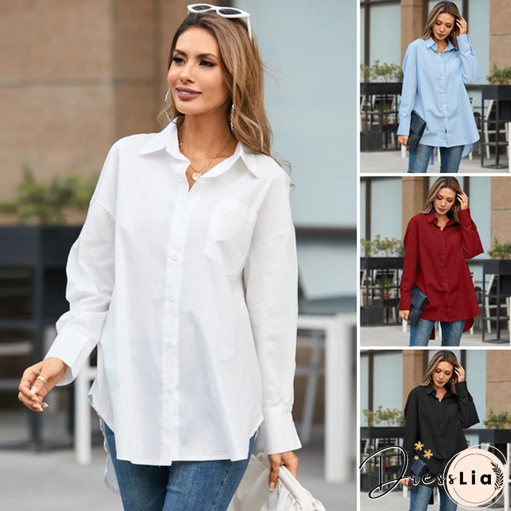 S-5XL Women Solid Color Lapel Button Long Sleeve Blouse Casual Elegant Loose Streetwear Tops Shirt Plus Size Manteau