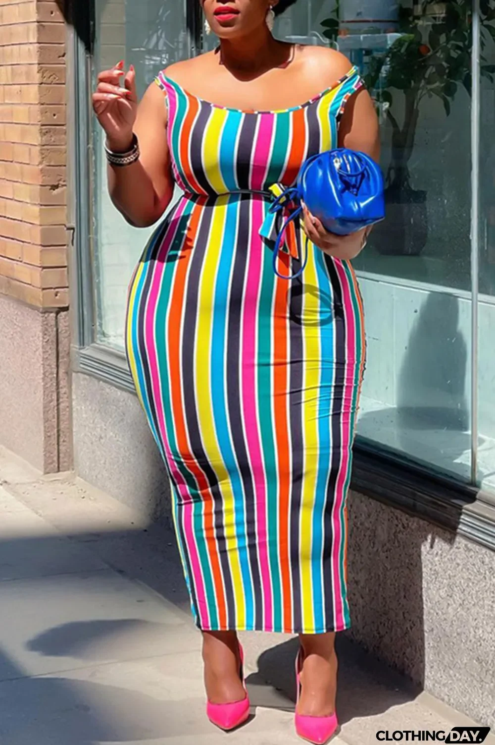 Colour Fashion Casual Plus Size Striped Print Basic O Neck Vest Dress