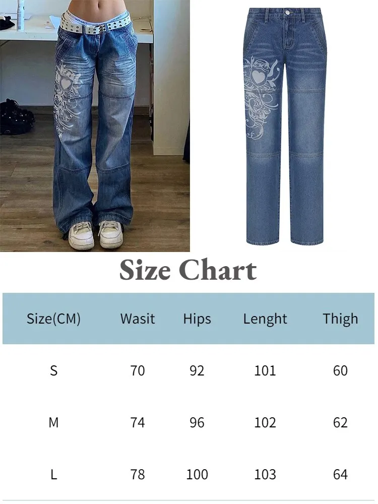 Jacuqeline 2022 Print Denim Y2K Cargo Pants Woman Low Rise Baggy Jeans Straight Long Trouser Women Clothing Fairy Grunge Vintage