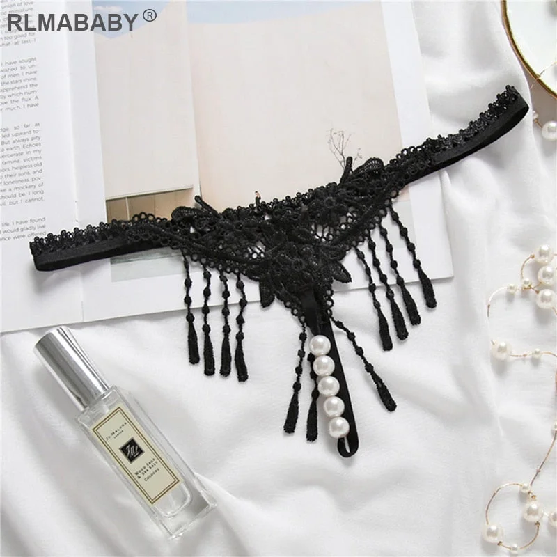 Sexy Embroidery Tassel Transparent G-String Temptation Pearl Massuge Women Underwear Thong Crotch Open Lingerie Briefs Panties