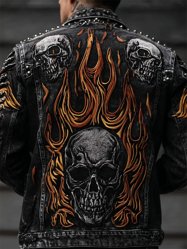 Men's Skulls & Flame Rock Studded Washed Denim Jacket