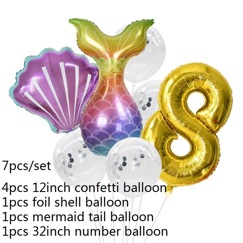 7pcs Mermaid Party Balloons 0 1 2 3 4 5 6 7 8 9 Number Foil Balloon Kids Birthday Party Decorations Baby Shower Helium Globos