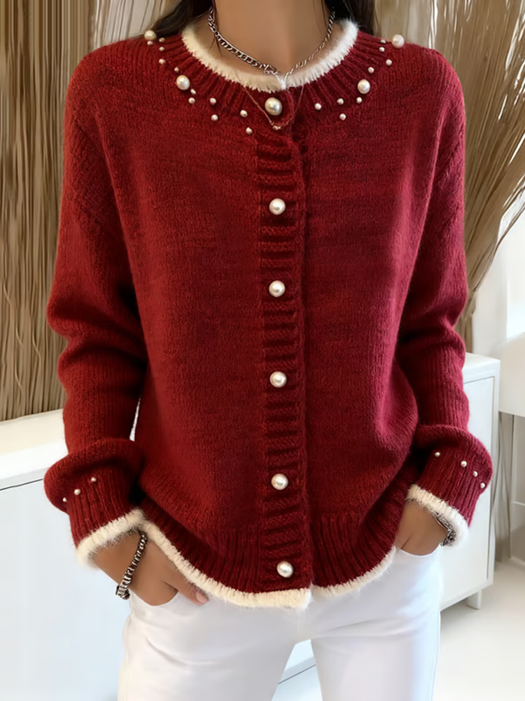 Comstylish Women's Christmas Pearl Beaded Art Knit Cardigan