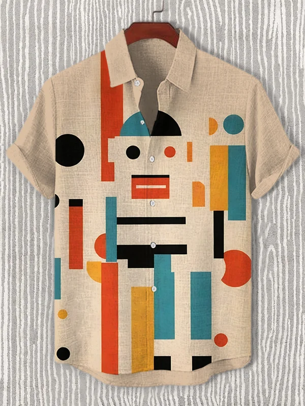 Men's Retro Robot Color Block Geometric Art Print Shirt