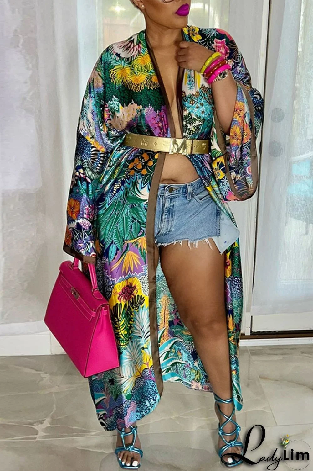 Yellow Fashion Casual Print Patchwork Outerwear(Without Belt)