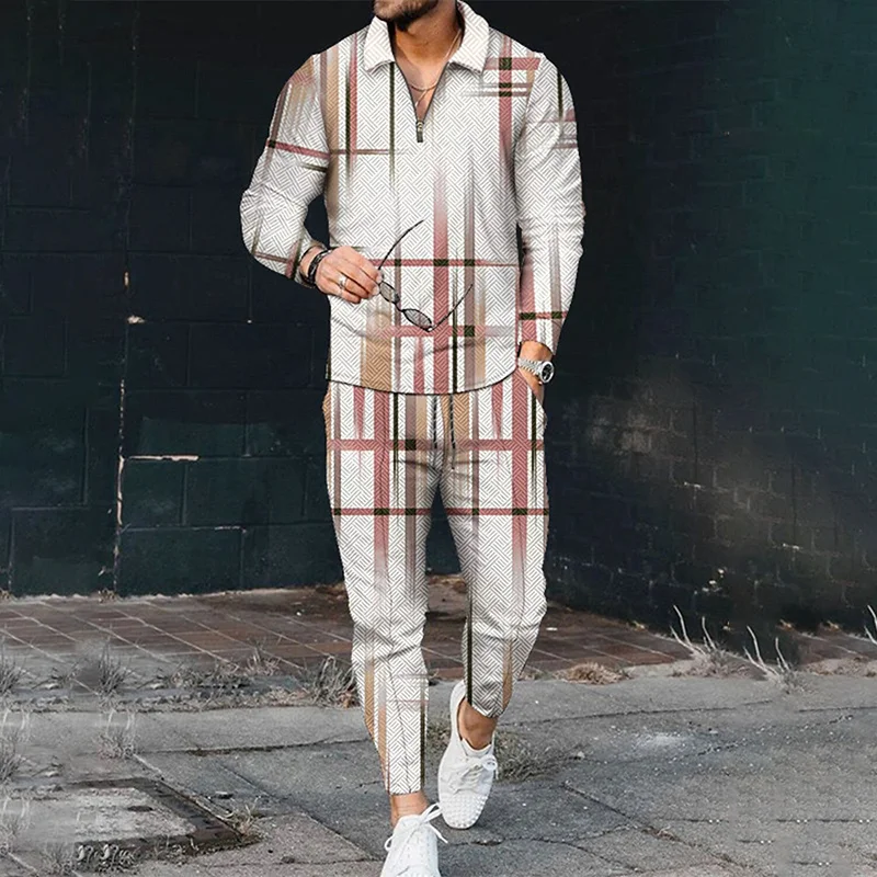 Men's Geometric Long Sleeve Polo Shirt And Pants Two Piece Set