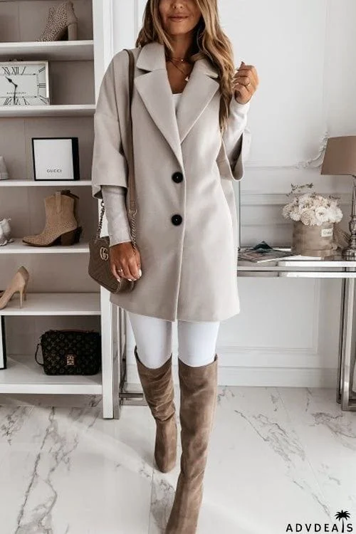 Chic Solid Lapel Three-quarter Sleeve Buttons Coat