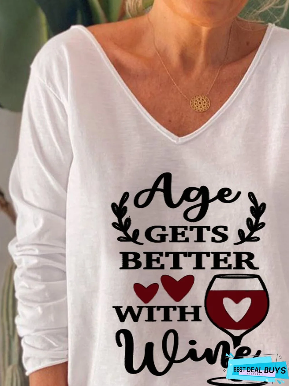 Age Gets Better With Wine Letters Printed Long Sleeve V Neck Casual Tunic Top