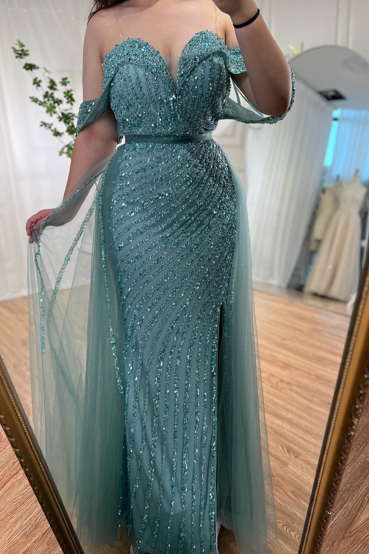 Luxury Jade Off-the-Shoulder Evening Gowns Mermaid Beadings With Tulle Overskirt - lulusllly