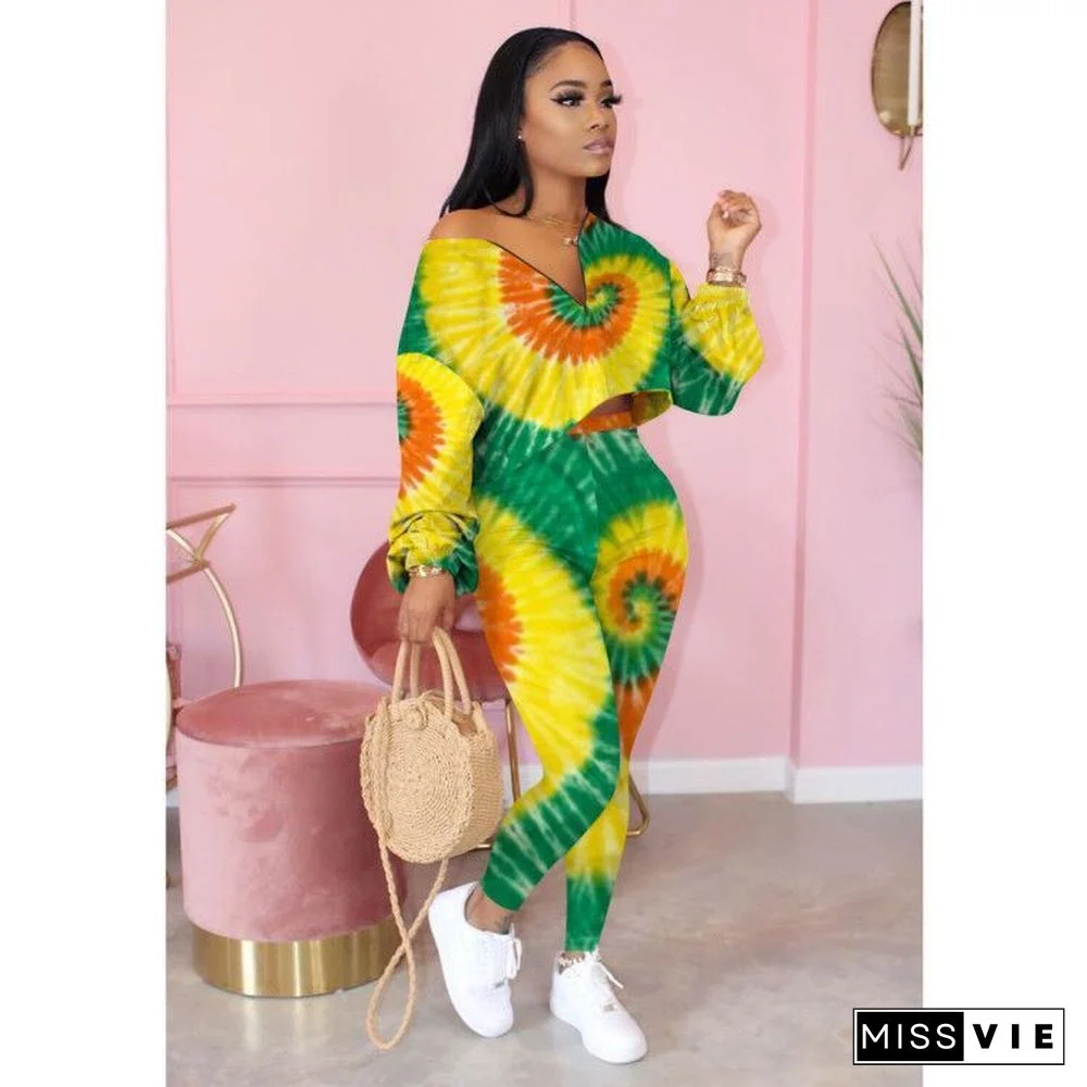 Colorful Printed Long Sleeve Pencil Pants Two-piece Set